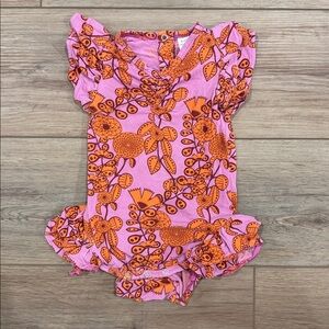 Kate Quinn sleeveless v-neck ruched ruffle leg orange tropical vine 6-12m